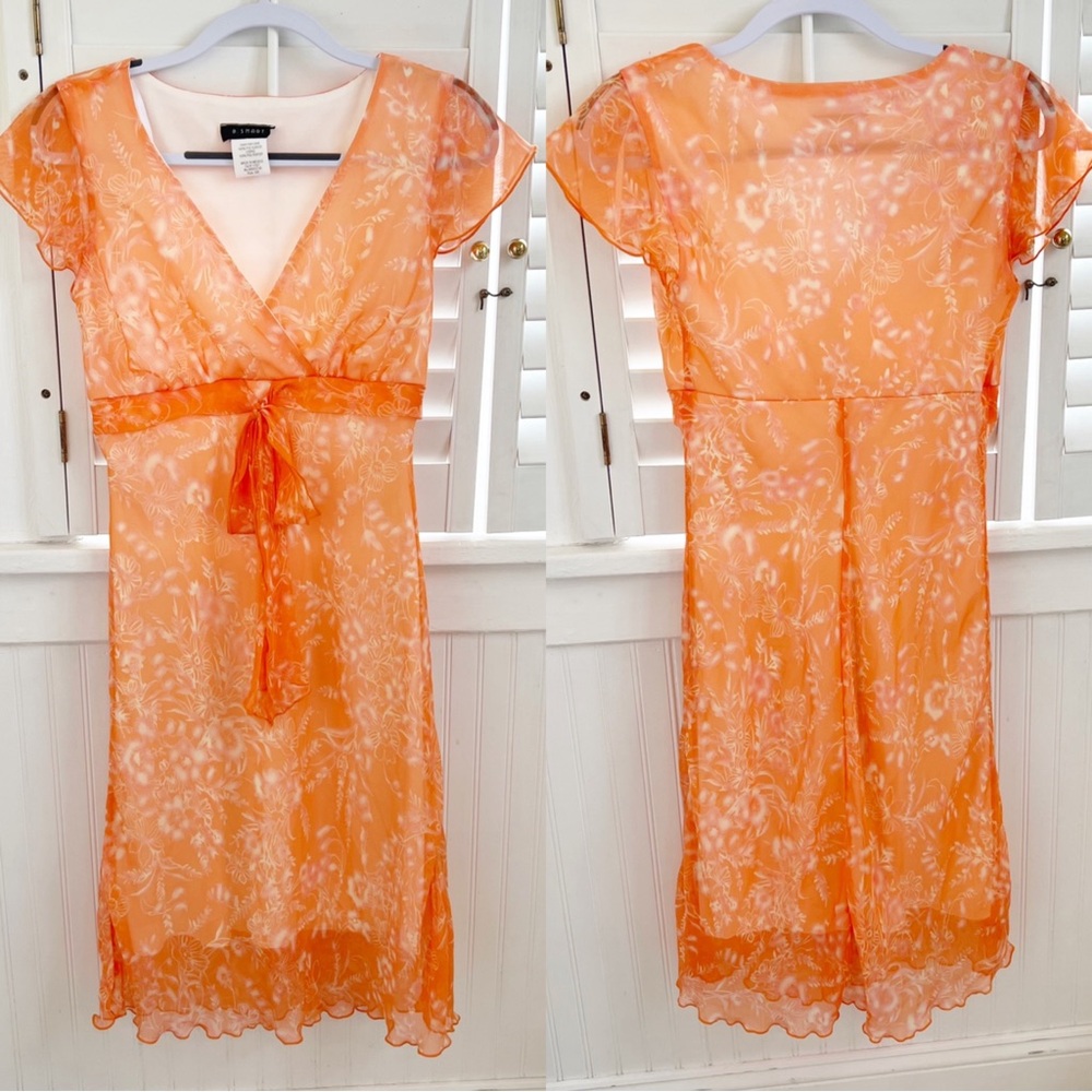 Vintage 90s Y2K Orange & White Floral Chiffon Empire Waist Dress Size 5/6